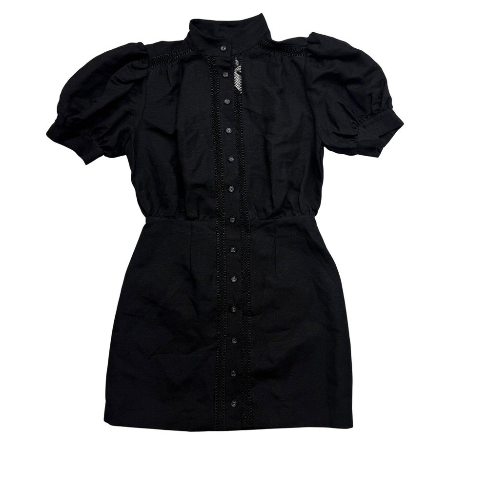 C/MEO COLLECTIVE Black Worthy Dress Linen Blend Puff Sleeve Mini 10191136 Size S